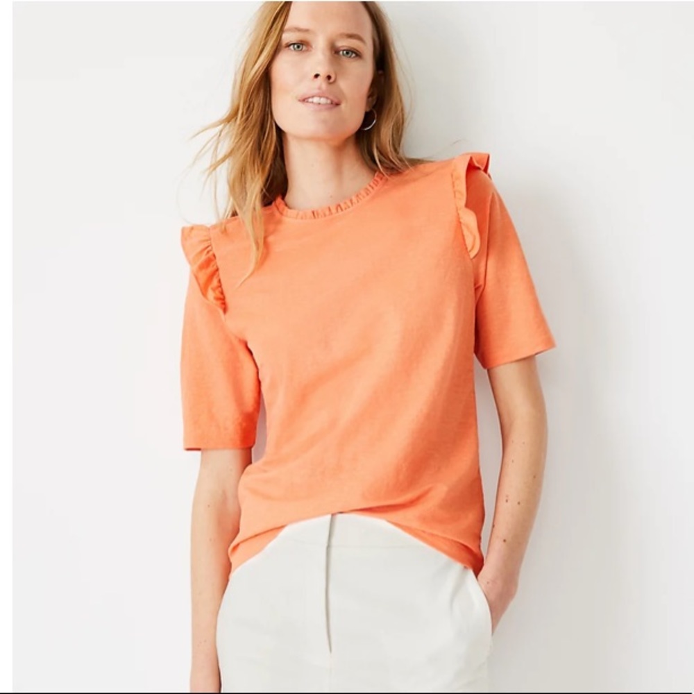 Ann Taylor Orange Shoulder Ruffle Tee
